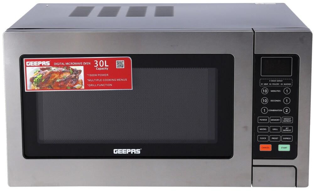 Geepas 30L Digital Microwave Oven, 1500W Microwave Oven with Multiple Cooking Menus, Reheating, Defrost &amp; Grill Function, Child Lock, Glas Turnable, Ideal Grilling, Roasting, Heating &amp; More