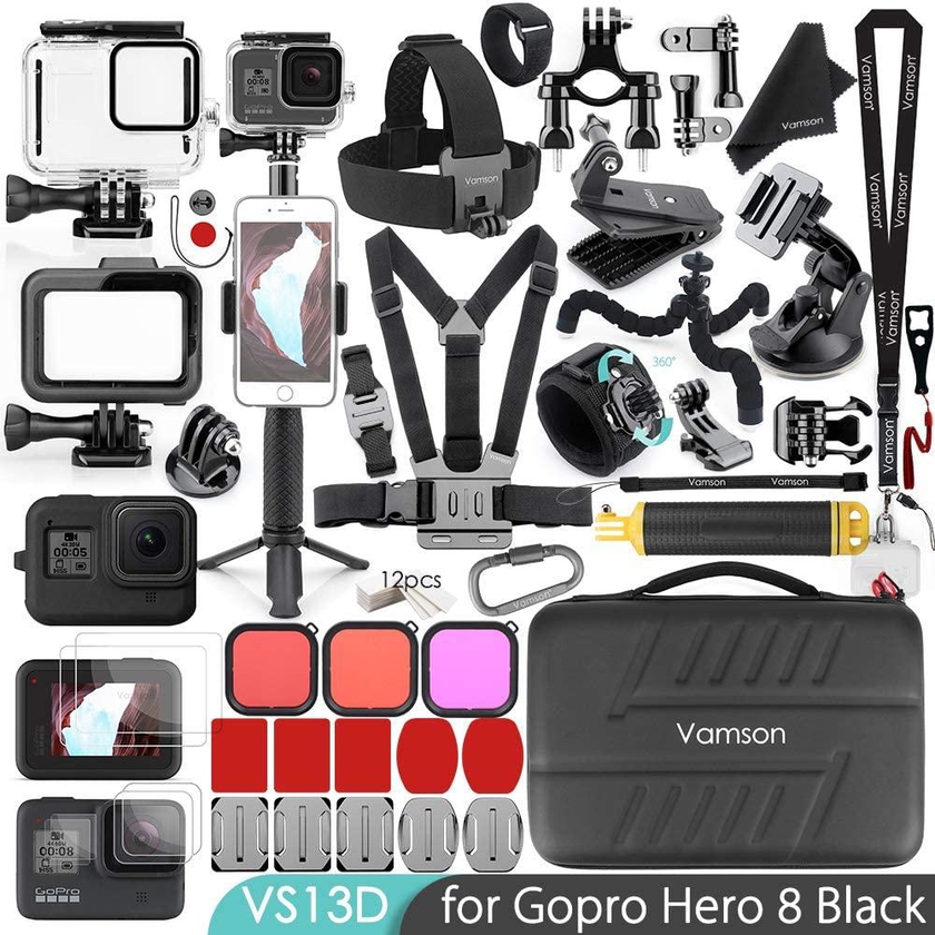 Vamson 64 in 1 Accessories Kit for GoPro Hero 8 Black Waterproof Housing Case Filter Silicone Protector Frame Lens Screen Tempered Glass Head Chest Strap Bike Car Mount Floating Bundle Set Kit AVS13