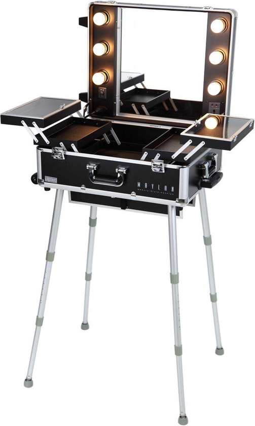 Maylan Makeup Train Stand Case With Pro Studio Artist Trolley And Lights, Silver - Medium