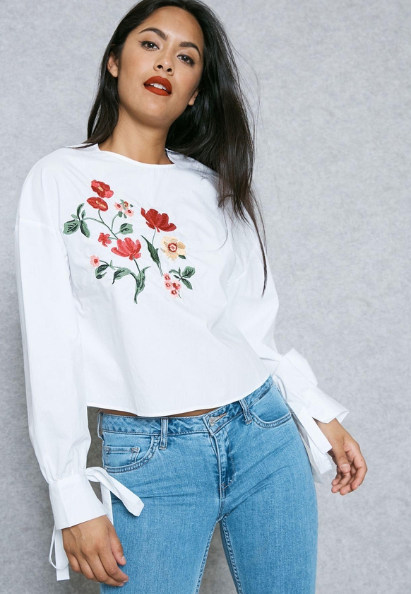 Tie Sleeve Floral Embroidered Top