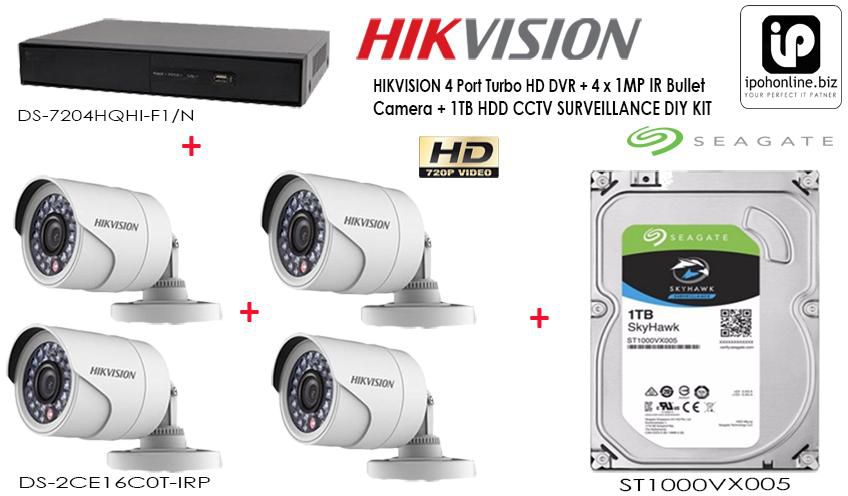 HIKVISION 4 Port Turbo HD DVR + 4 x 1MP IR Bullet Camera + 1TB HDD CCTV DIY KIT