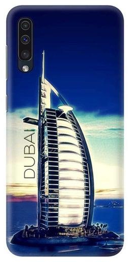 غطاء حماية واقٍ بطباعة برج العرب وكلمة "Dubai" لهاتف سامسونج جالاكسي A50 أزرق / أبيض