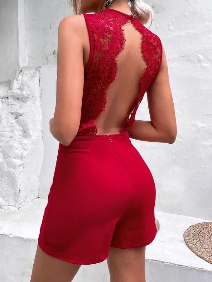 Ladies Contrast Lace Cut Out Back Romper - Red