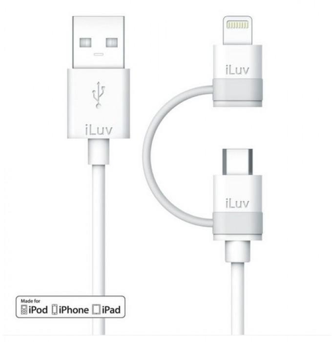 iLuv ICB267WHT  2 in 1 Lightning Cable with Micro USB Adapter, 3ft (1 m) , White