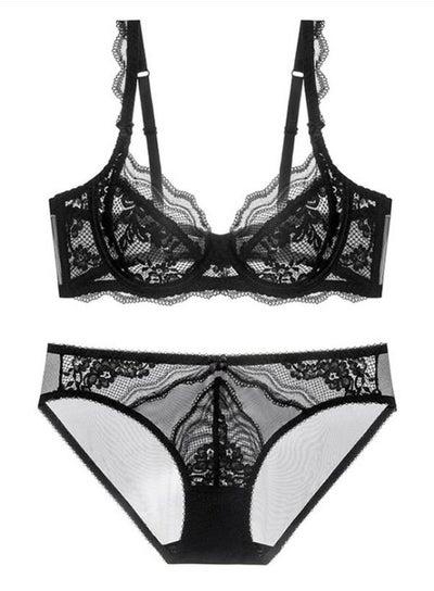 Breathable Ultra Thin Cup Lace Bra And Panty Set Black