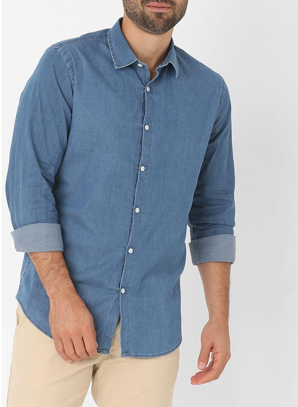 Collared Neck Long Sleeve Shirt Blue