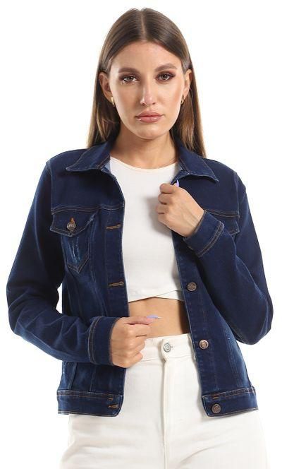 Ripped Women Jeans Jacket - Dark Blue