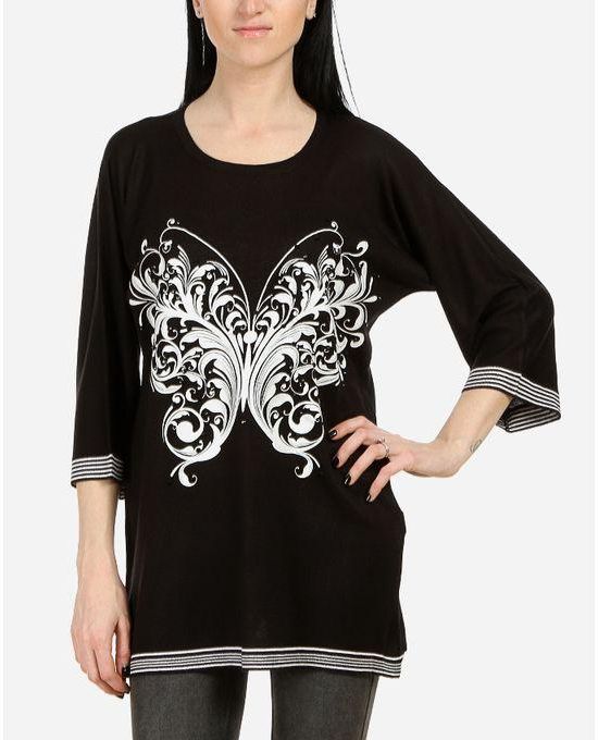Bella Donna Knit Top With Butterfly Print-Black