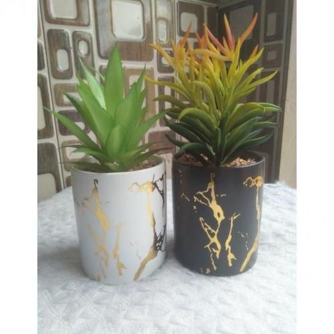 Decorative Marble Vase With Artificial Green Plants - 2piece