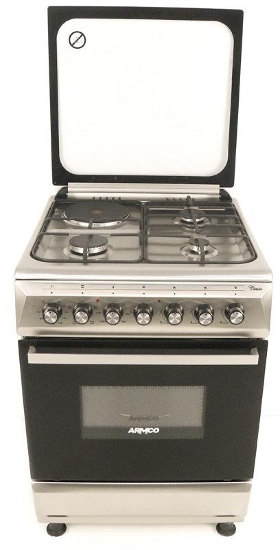 GC-F6631QX(SS) - 3 Multi-gas Burners + 1Electric (180mm-2000W RAPID Plate), 60X60 Oven+Grill, One Touch Auto ignition, Thermostat, Lamp, TEMPERED GLASS Lid, Rotisserie, Mechanical Timer, 1 Extra Round tray, Matt enamel pan supports and caps, 304SS.