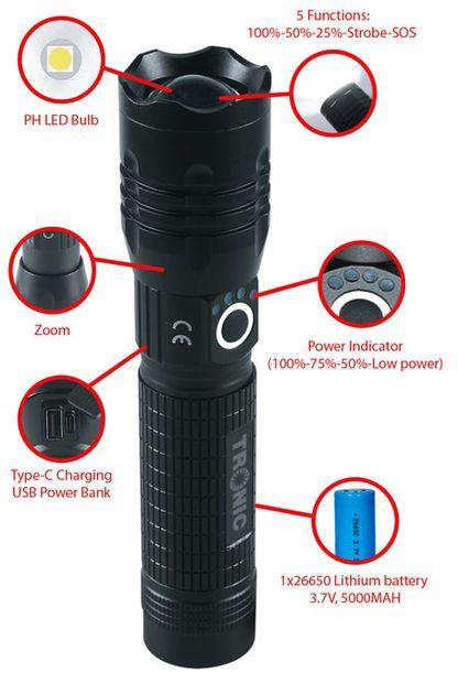 Tronic LED Flashlight Zoomable Power Bank 5 Modes Tronic