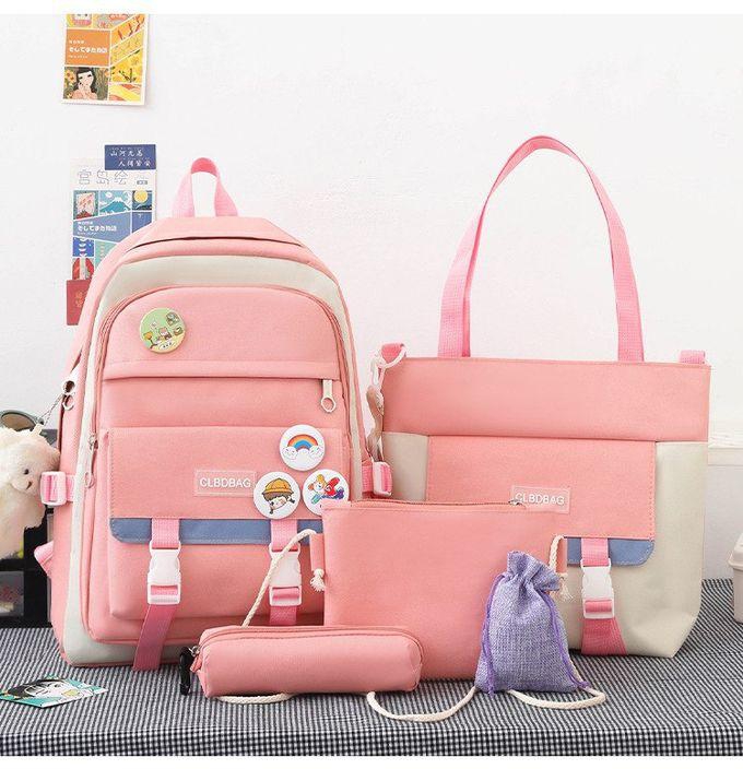 5 In 1 Sets Casual Canvas Backpack Study Bag Pink Color