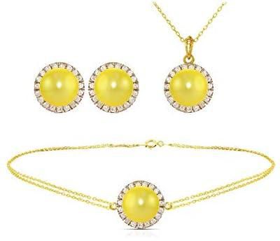 Vera Perla 18K Gold 0.40ct Genuine Diamonds and 6-Yellow Pearl Jewelry Set 3 Pieces