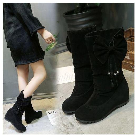 Eissely Women Boots Bowknot Tassel Winter Boots Warm Mid Calf Boots Winter Shoes BK/35-Black -