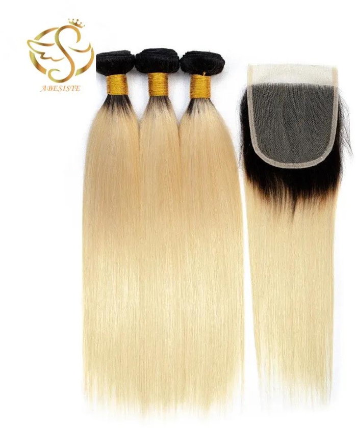 Best Hair 100% Human Hair Straight Weave Bundles Brazilian Virgin Human Hair 3 Bundles with 5*5 Lace Closure 1B#613