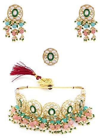 ZAVERI PEARLS Pink & Green Beads Cluster Drops Kundan Choker Necklace Earring & Ring Set For Women-ZPFK13800