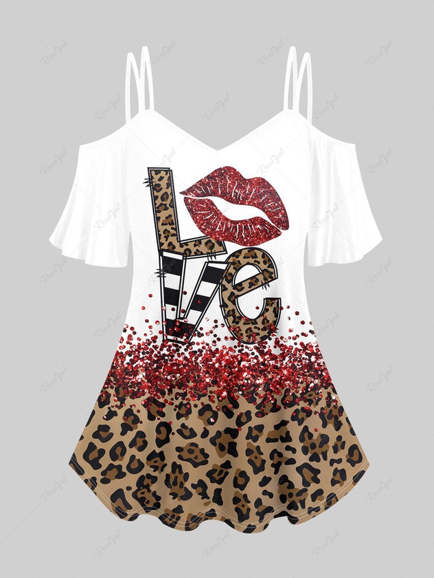Plus Size Valentines Lip Love Leopard Printed Cold Shoulder Tee - 4x | Us 26-28