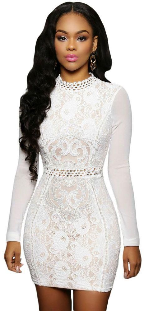 White Lace Mesh Sleeves Mini Dress