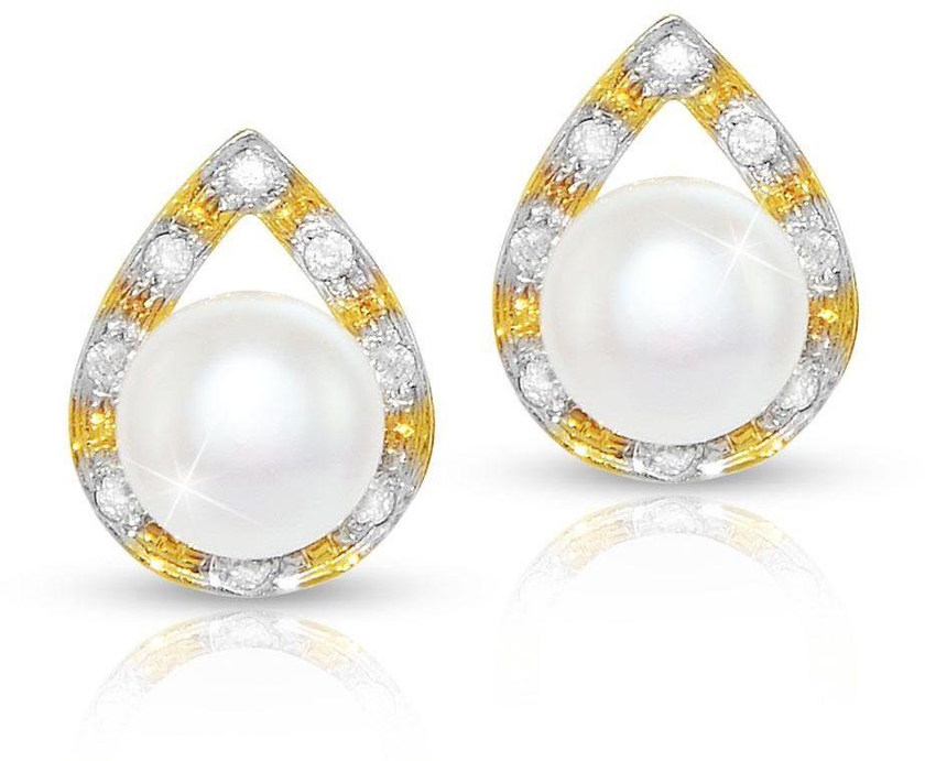 Vera Perla 18K Solid Gold with 0.16ct Diamonds & 7mm Pearls Drop Earrings