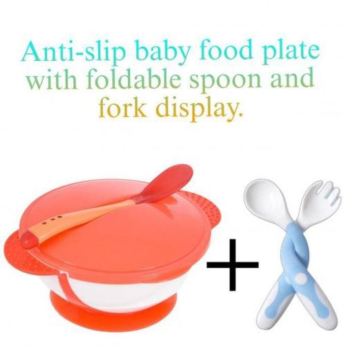 Anti-slip Baby Food Plate With Foldable Spoon And Fork Width 6 Months.