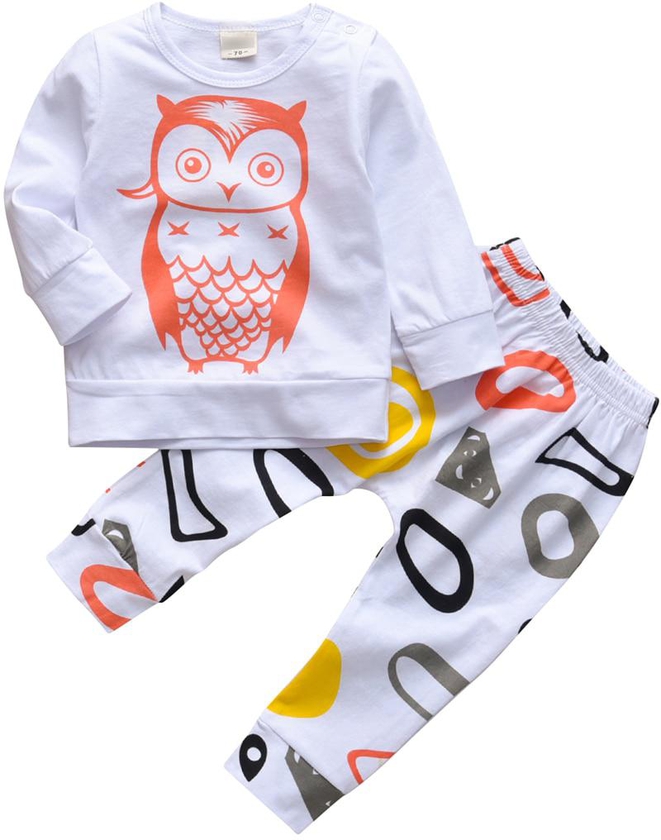 2Pcs Baby Girl's Pants Set Cartoon Cute Owl Pattern Long Sleeve T-shirt And Pants Suit