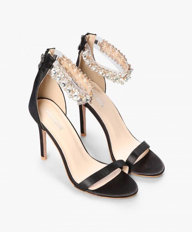 Black Satin Fiji Crystal Barely There High Heel Sandals