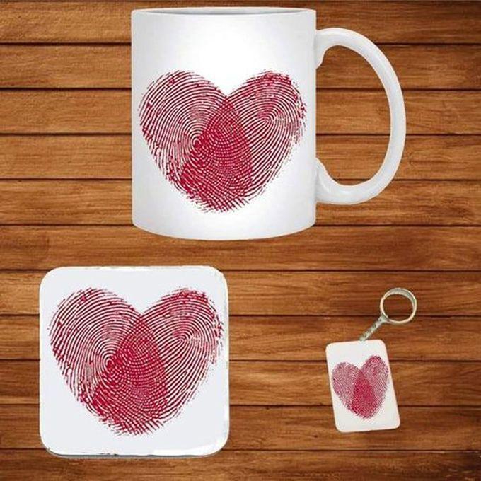 Heart Design Mug + Coaster + Key Chain Set - 3Pcs