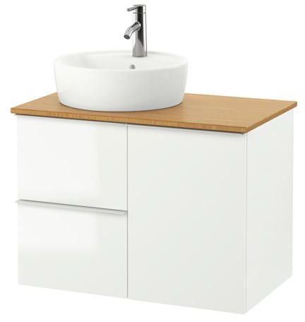GODMORGON/TOLKEN / TÖRNVIKEN Wash-stand with 45 wash-basin, high-gloss white, bamboo