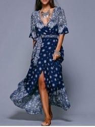 Slit Print Long Flowing Wrap Plunge Dress - Purplish Blue - One Size(fit Size Xs To M)