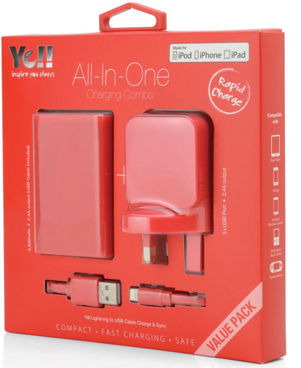 Yell All in One Charging Combo - Red - Powerbank 5800 mAh Power Adapter 3.4A Apple Mfi Lightning Cable 1M - VA38BL
