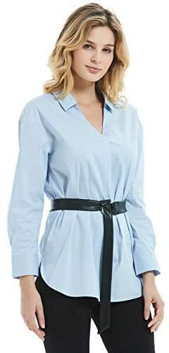 بلوزات الخريف BASIC MODL للنساء قمصان بأكمام طويلة ورقبة على شكل V مع حزام (أزرق، XL)