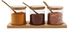 مجموعة برطمانات توابل مصنوعة من الزجاج مع غطاء من البامبو وملعقة وقاعدة اكواب من البامبو , مكونة من 3 قطع