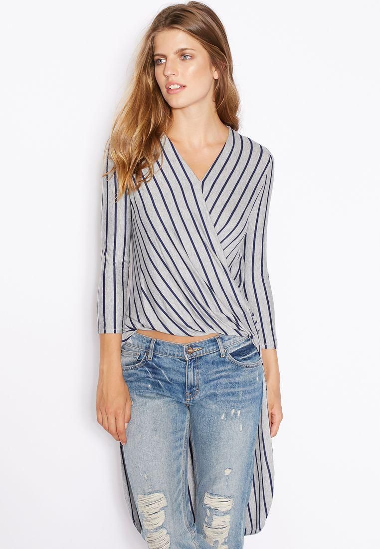 Striped High Low Wrap Front Top