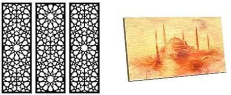 Bundle Home gallery arabesque wooden wall art 3 panels 80x80 cm + Canvas Wall Art, Abstract Framed Portrait of Sultan Ahmed Mosque Istanbul 60 W x 40 H x 2 D