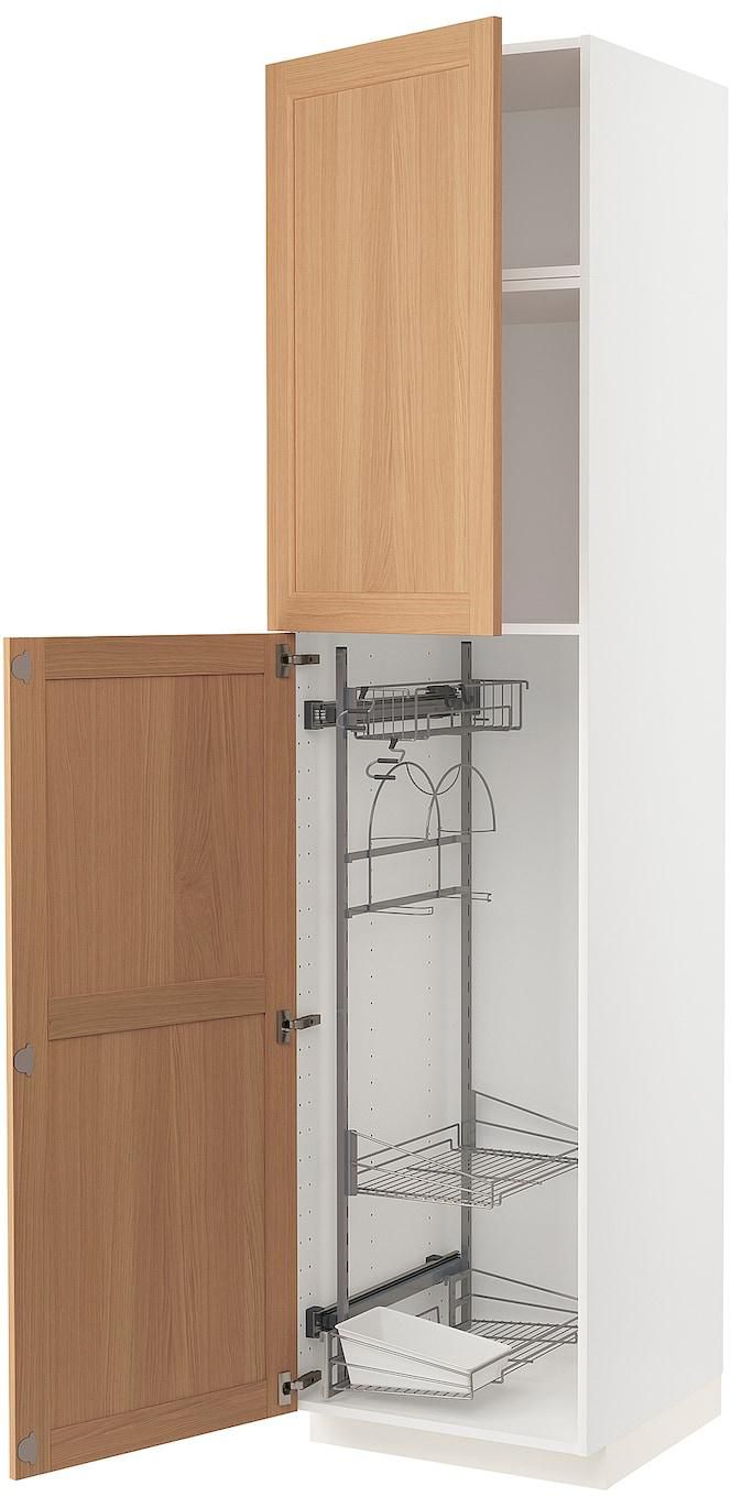 METOD خزانة عالية مع أرفف مواد نظافة - أبيض/Vedhamn سنديان ‎60x60x240 سم‏