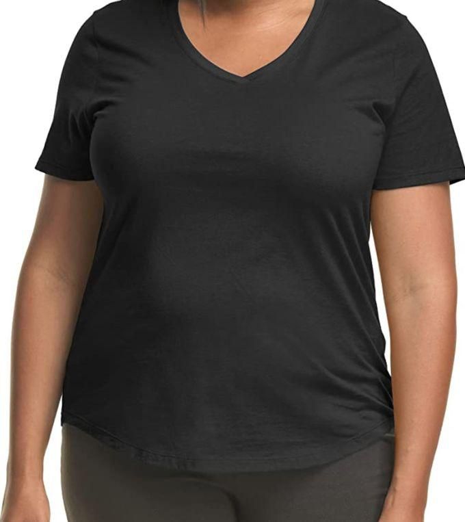 Danami Plus Size Women's Plain V Neck T Shirt- Black