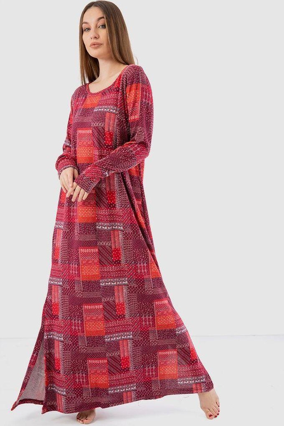 Kady Side Slits Patterned Nightgown - Multicolour Burgundy & Red