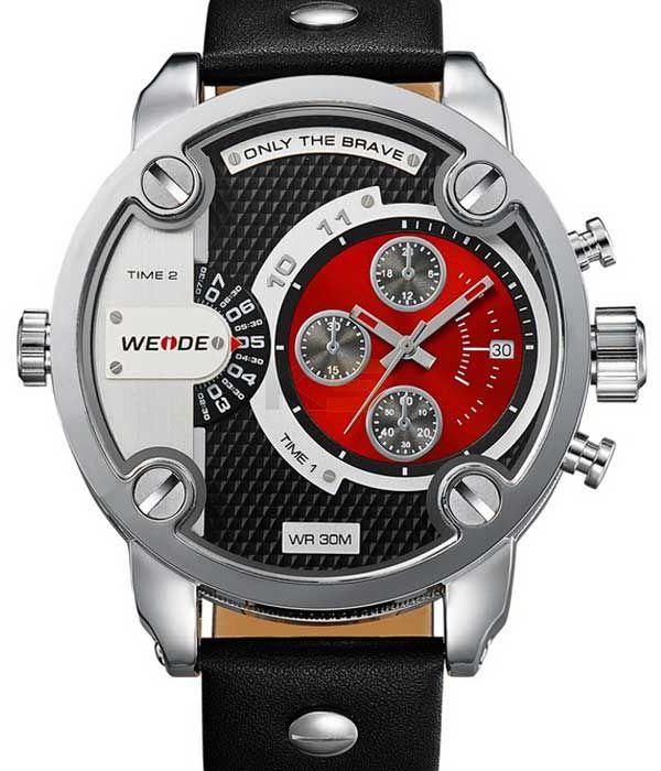 WEIDE WH3301 Men's Sports Leather Band Waterproof Oversize Quartz Analog Wristwatch with Calendar Waterproof