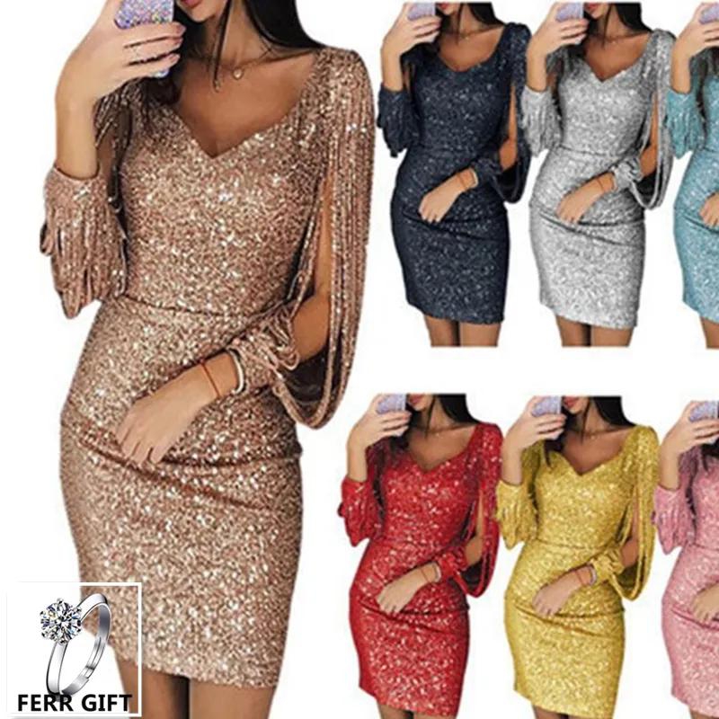 European and American Style 2022 Popular New Lady Sexy Nightclub Party Sequins Tassels Long Sleeve Hip Wrap Women Evening Dresses Girls Formal Occassions  Clothes