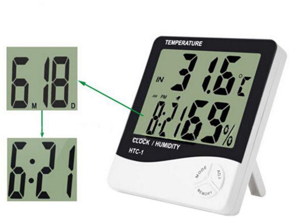 جهاز رقمي لقياس درجة الحرارة والرطوبة للمنزل مع ساعة منبه مزود بشاشة ال سي دي - HTC-1