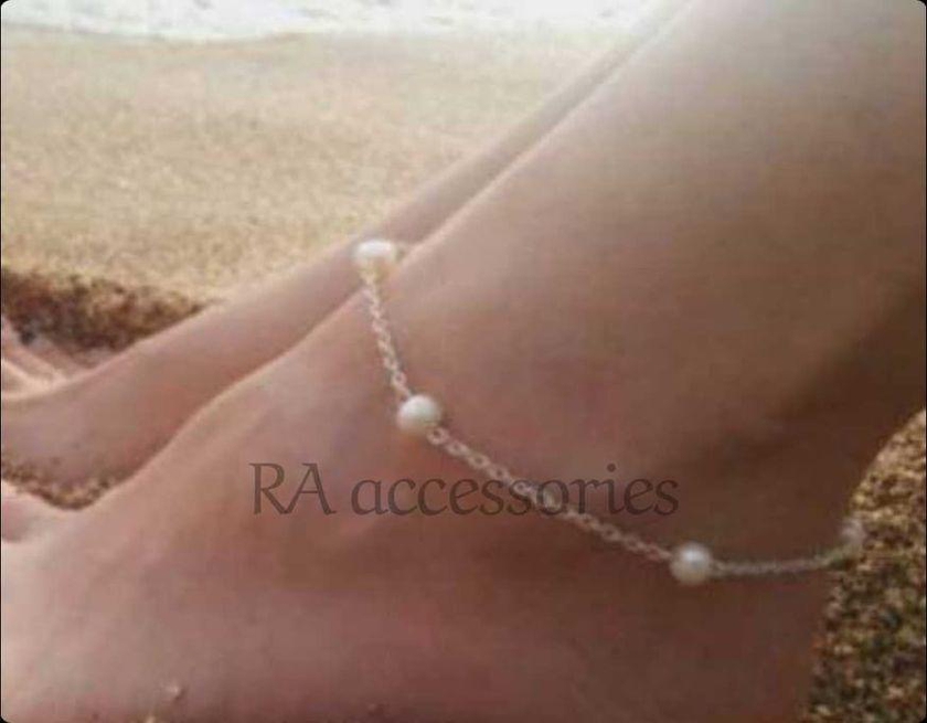 RA accessories Women Pearls Anklet With Chain Painted Silver