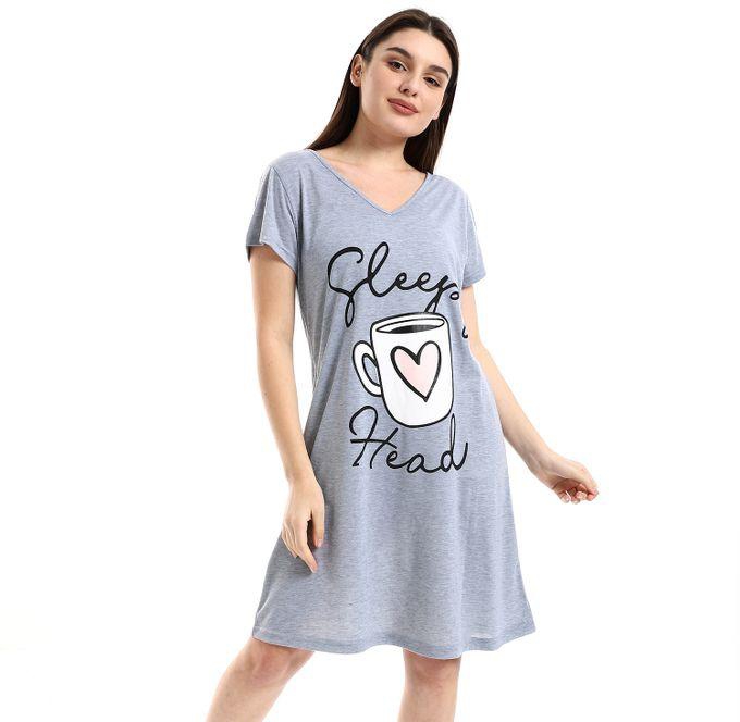 Kady Cap Sleeves Printed Sleepshirt - Heather Grey & White