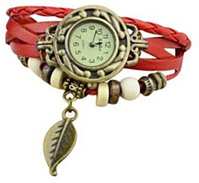 BlueLife Vintage Manual Knitted Lady Leather Bracelet And Leaf Pendant Watch -Red