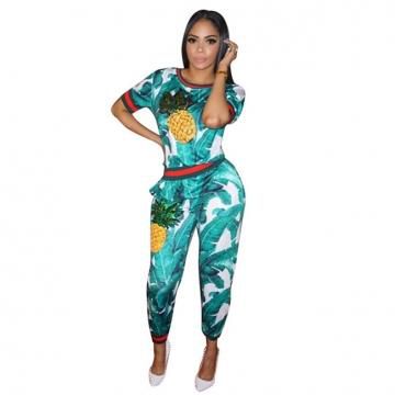New Fashion Women’s Casual Suit Short Sleeve Print Top and Pants 2pcs Suit as picture s