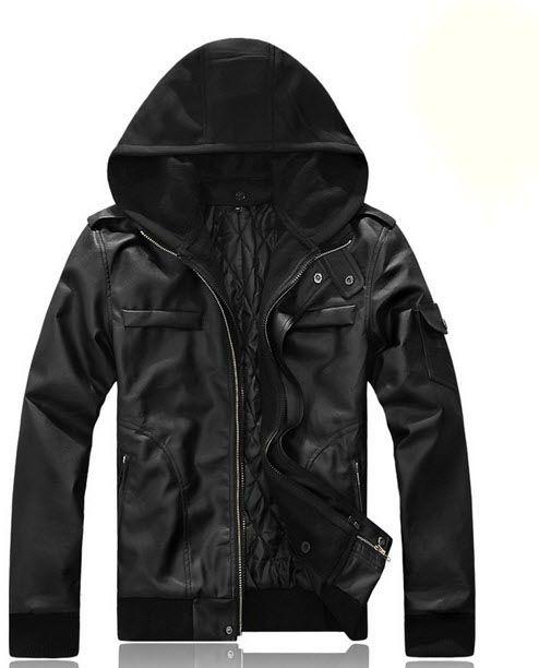 Black Color Men's Hooded Slim Leather Jacket