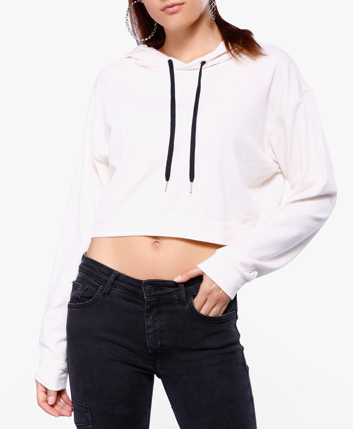 Cream Cropped French Terry Hoodie
