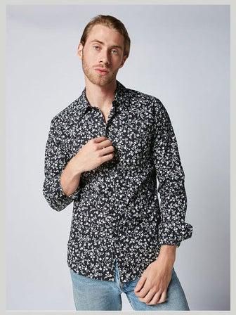 Casual Floral Collared Neck Long Sleeve Shirt Black-White