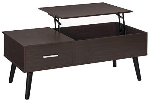 Iwell Lift Top Coffee Table with Hidden Compartment and Drawer, Lift Tabletop Coffee Table with Pine Wood Legs, Modern Dining Table for Living Room, Office, Dark Brown