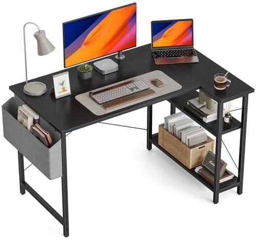 CubiCubi 47 Inch Small L Shaped Computer Desk with Storage Shelves Home Office Corner Desk Study Writing Table, Black