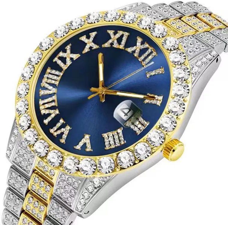 New diamond inlaid men's watch roman scale calendar hip-hop watches with diamond  gold watchs for men full diamond quartz watche
